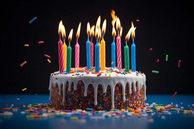 a birthday cake with lit candles and candles