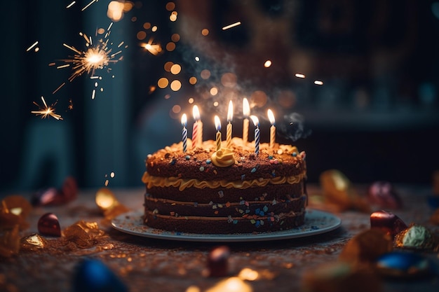 A birthday cake with lit candles is lit with sparklers in the background.