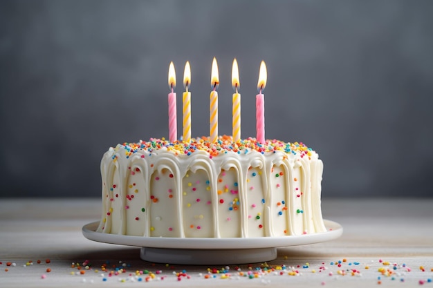 a birthday cake with lit candles on it