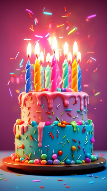 a birthday cake with lit candles and a lite candle.