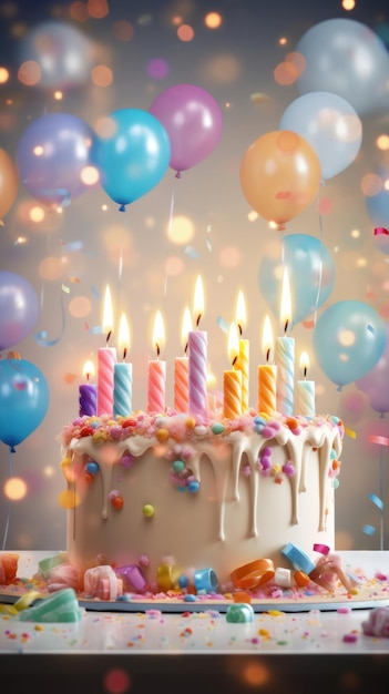 A birthday cake with lit candles surrounded by balloons and confetti