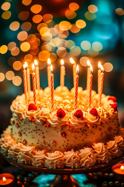 Birthday cake with lit candles and white frosting