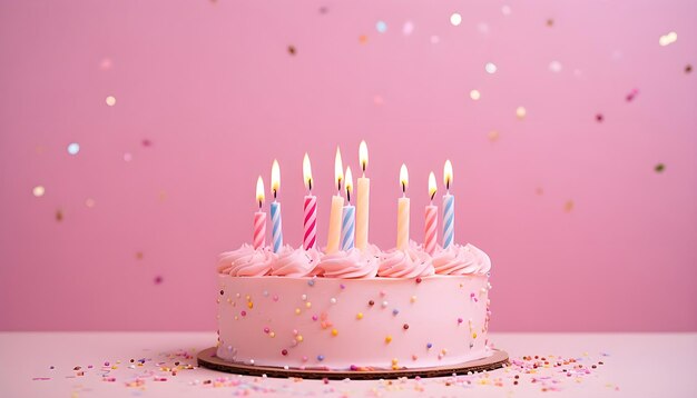 Photo birthday cake with many birthday candles on pink background