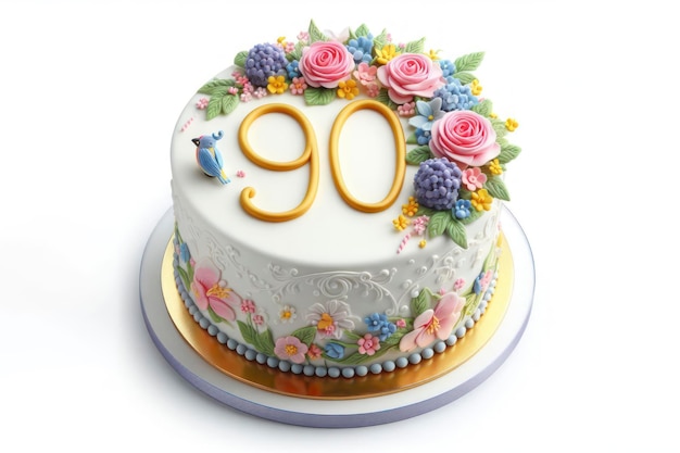 Birthday cake with number 90 on top isolated on solid white background ai generative