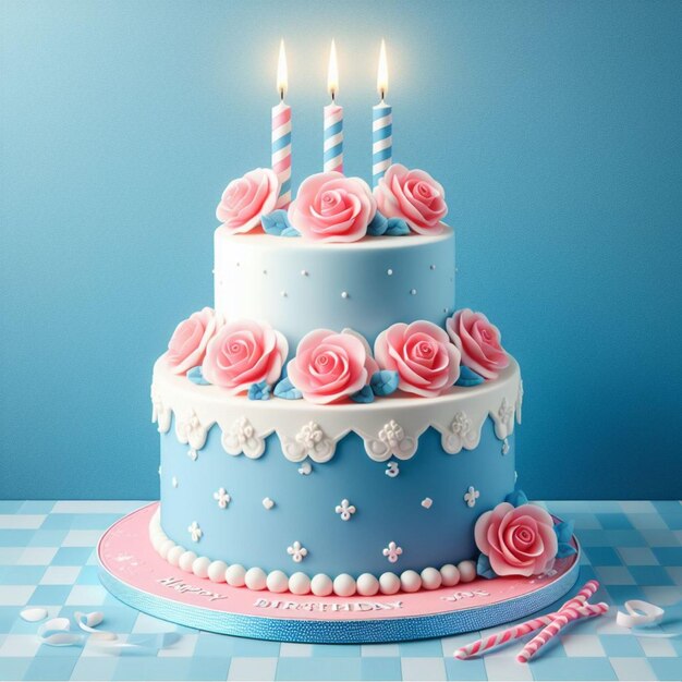 a birthday cake with pink and white roses on it