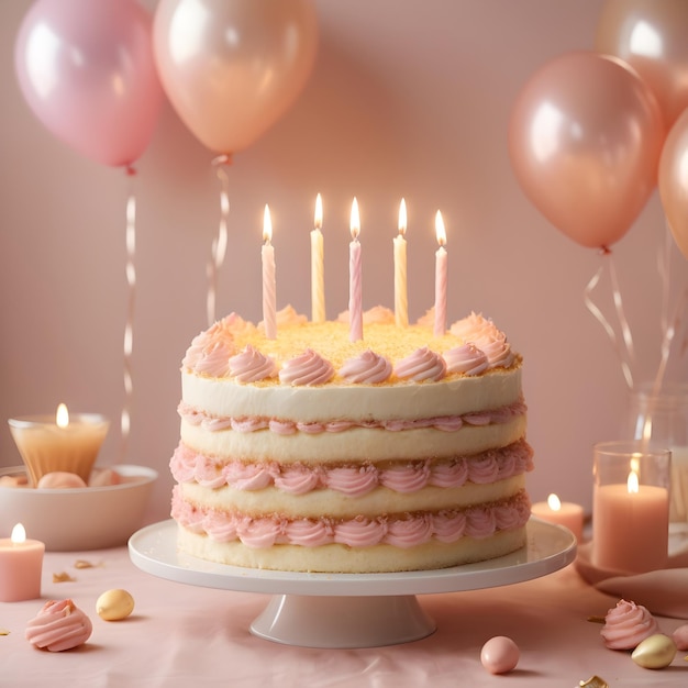 a birthday cake with pink and yellow balloons and pink balloons