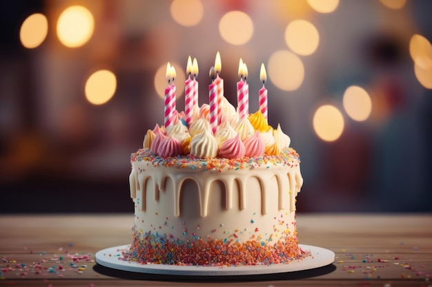 Birthday cake with sprinkles icing and colorful birthday candles Generative AI illustration