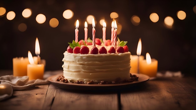 Photo birthday cake with strawberries and candles on a wooden background selective focus