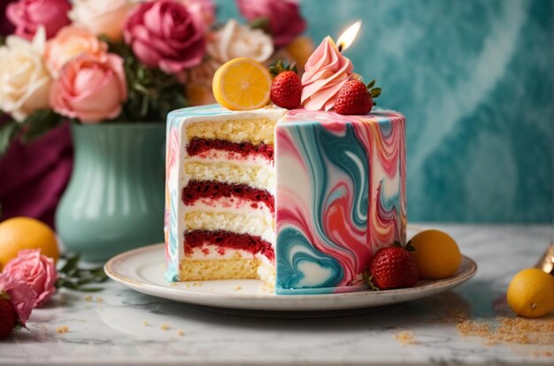 Photo birthday cake with a trendy marblepatterned fondant