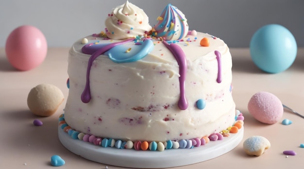 Birthday cake with white drip icing sprinkles and colorful birthday candles