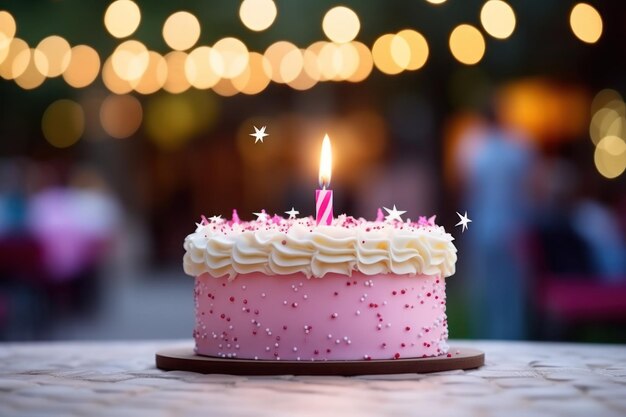 Photo birthday cake on wooden table with candles in garden