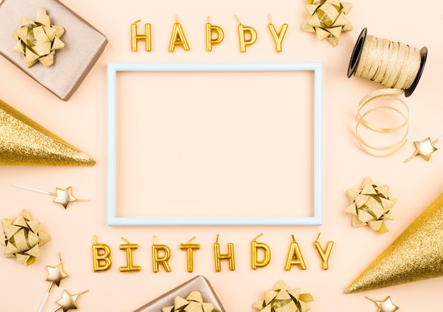 Photo birthday candles with present flat lay