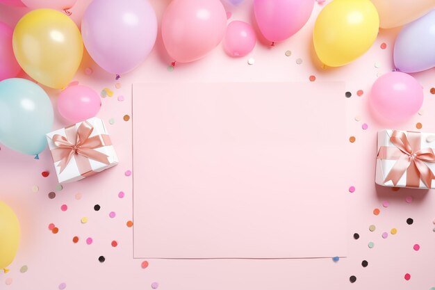 誕生日カードのモックアップ フラットレイスタイルのコピースペース テキストの祝賀カード マザーデイの背景