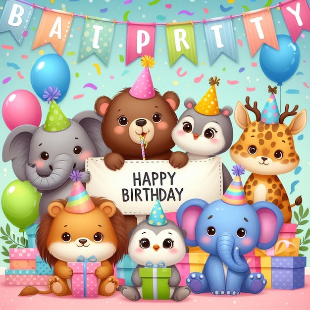 a birthday card with a bunch of animals on it