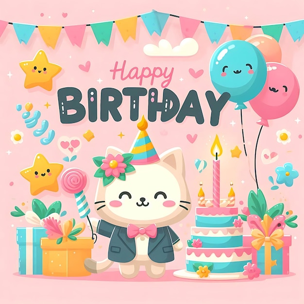 Photo a birthday card with a bunny on it and a birthday cake with balloons and a balloon