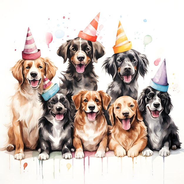 Foto biglietto di compleanno con cane dei cartoni animati e palloncini d'aria illustrazione in stile acquerello vacanza