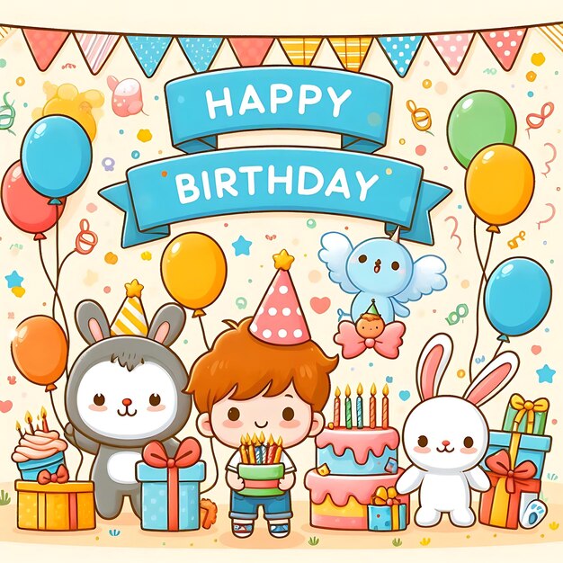 Photo a birthday card with a cartoon rabbit and a birthday cake with the words happy birthday on it