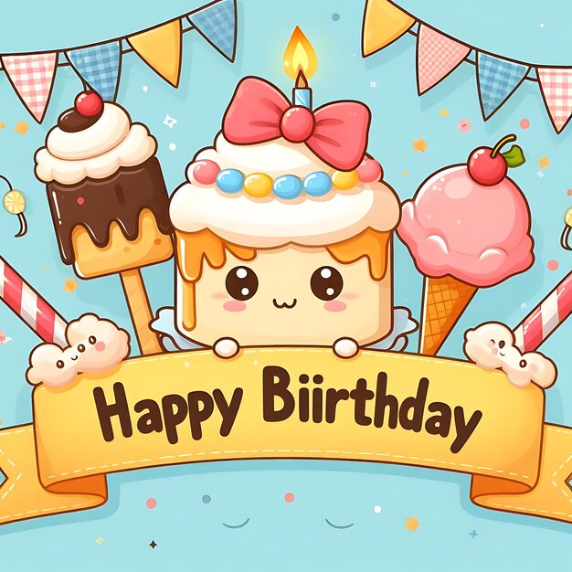 Photo a birthday card with a picture of a birthday cake and ice cream cones