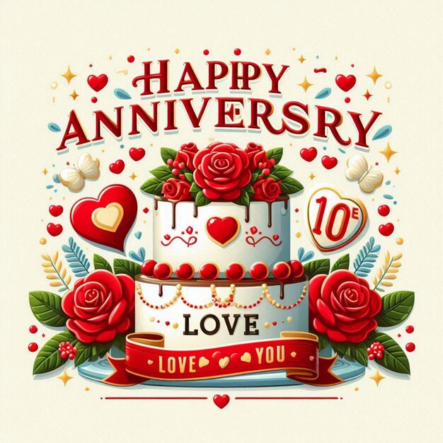 Photo a birthday card with roses and a cake with a heart shaped frame