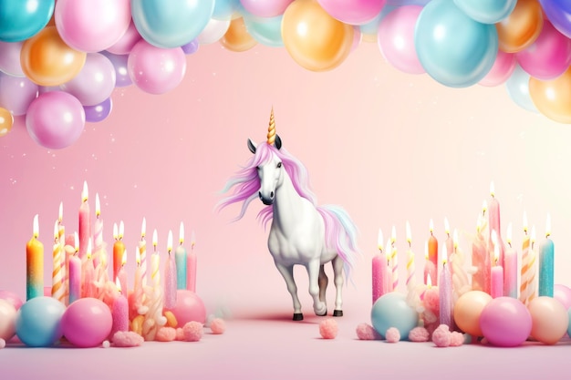 Cartellino di compleanno con torta di unicorno, palloncini e candele a colori vivaci