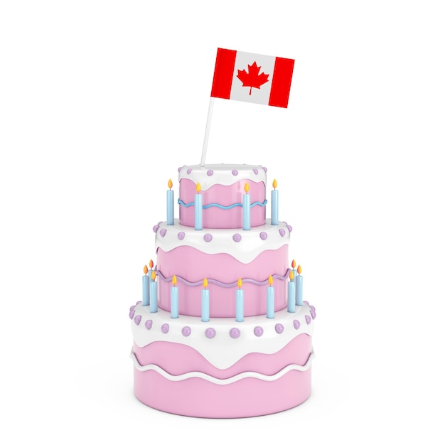 Birthday Cartoon Dessert Tiered Cake with Candles and Canadian Flag on a white background 3d Rendering