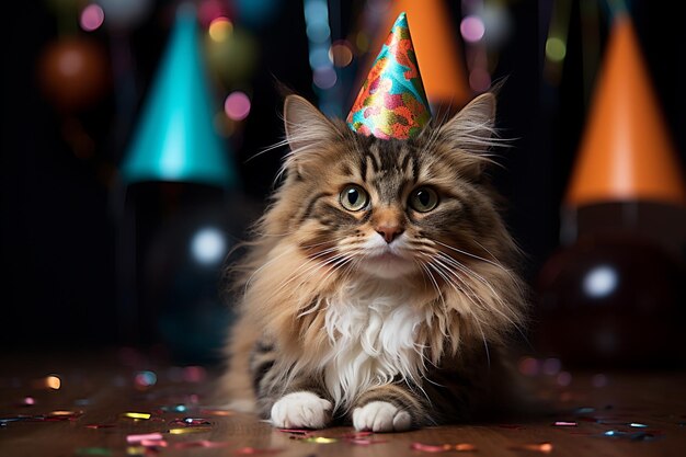 Foto gatto di compleanno carino divertente piuttosto felice piccolo animale giocoso cappello festivo festeggiare torta candele regali banner copia spazio biglietto di auguri poster palloncini vacanza
