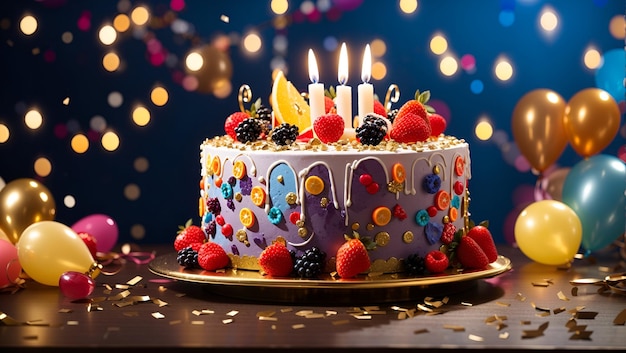 Birthday celebration with a decadent birthday cake decorated with candlelight balloons confetti