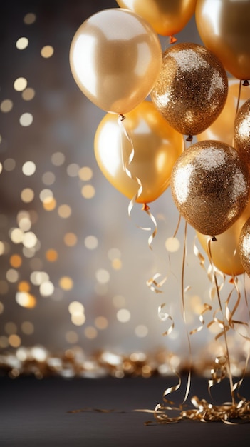 Birthday celebration with gold balloons and glitter