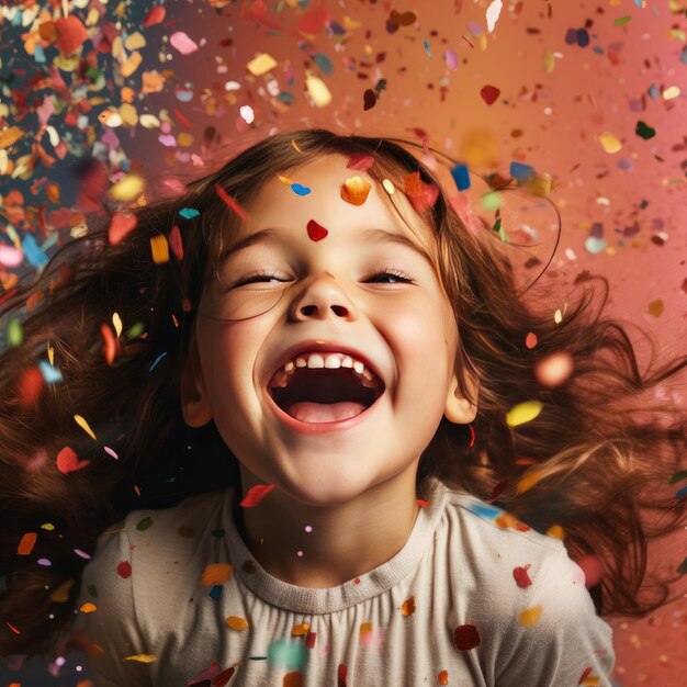 Foto bambina di compleanno felice con confetti su sfondo colorato ai generativa