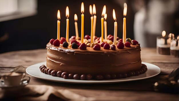 Birthday chocolate cake with berries and lit candles on wooden table