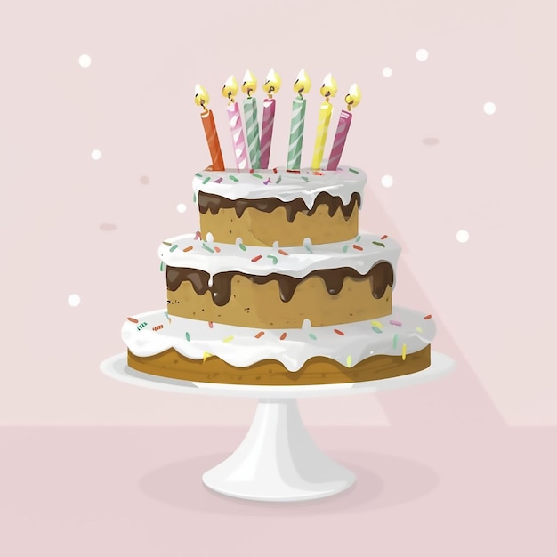 나무 바탕에 핑크색 버터크림 꽃이 달린 초콜릿 생일 케이크와 불 수직