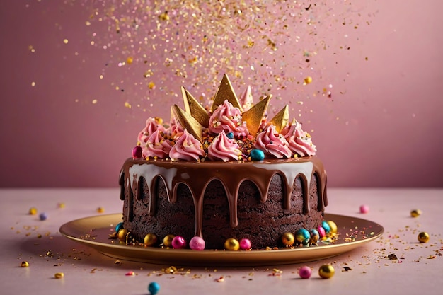 Birthday chocolate cake with pink frosting and golden stars on top