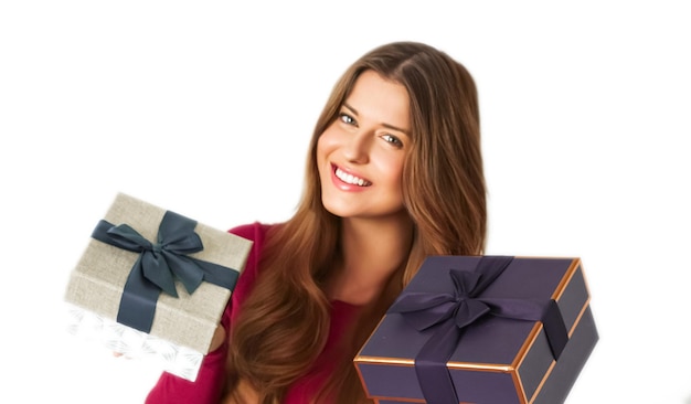 Birthday Christmas gifts or holiday present happy woman holding gift boxes isolated on white background