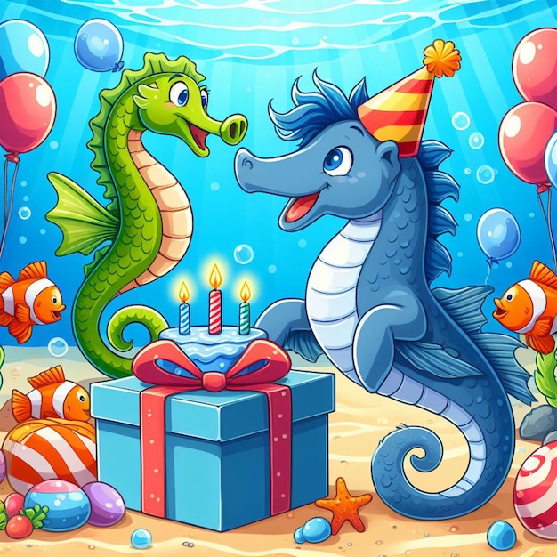 Photo birthday clebration of sea horse with gifts and cake ai images