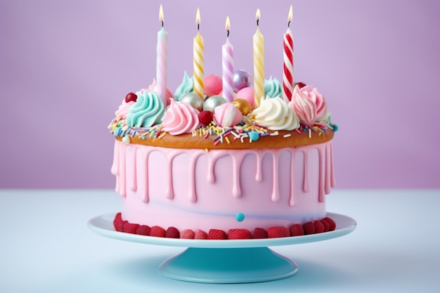 Birthday colorful cake decorated with candle on a blue background 3d generated by ai