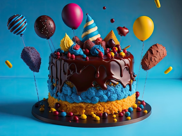 Красочный торт ко дню рождения, украшенный сладкими ягодами и свечами ai генеративный