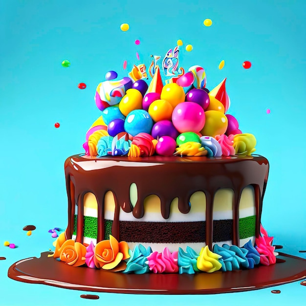 Birthday colorful cake decorated with sweets on a blue background poured with chocolate 3d