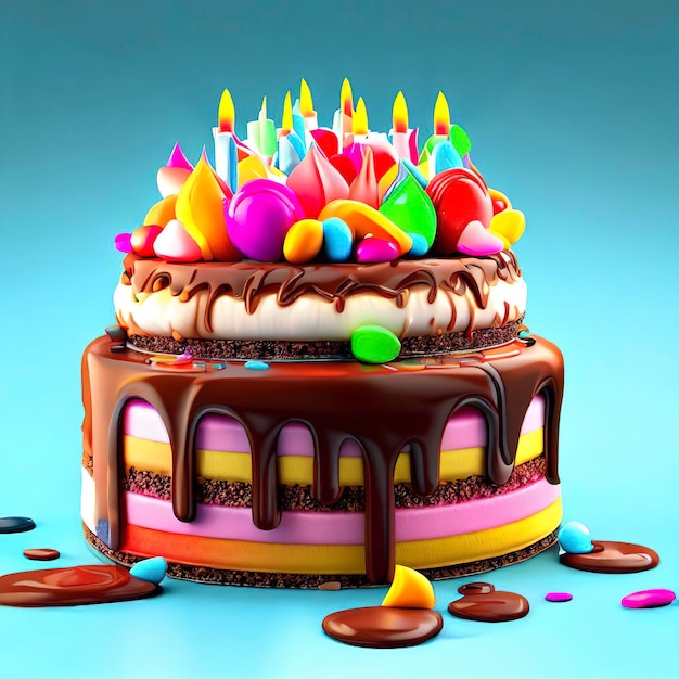 Birthday colorful cake decorated with sweets on a blue background poured with chocolate 3d