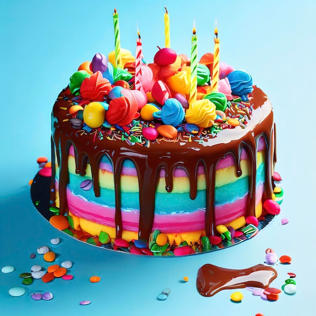 파란색 배경에 과자로 장식된 생일 화려한 케이크에 초콜릿 3d를 부었습니다.