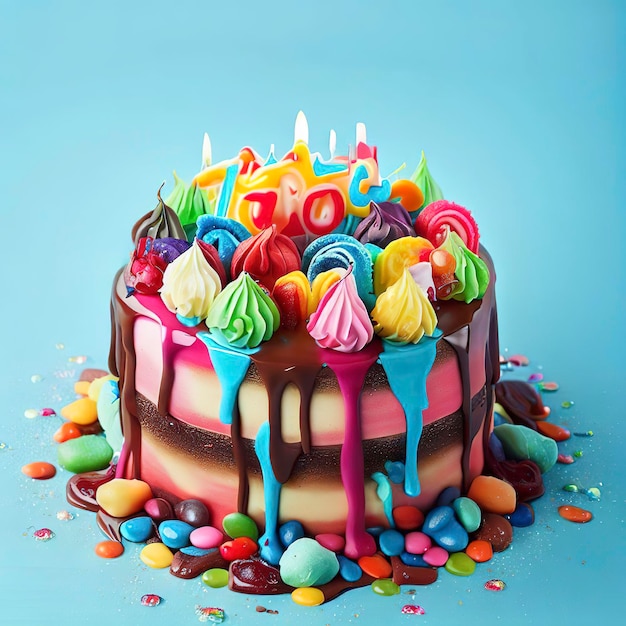 Birthday colorful cake decorated with sweets on a blue background poured with chocolate 3d