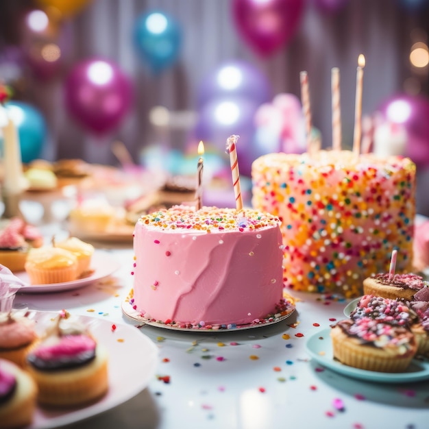 테이블 위에 다채로운 풍선을 가진 생일 개념 생일 케이크
