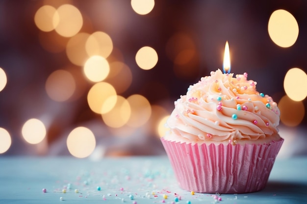 A birthday cupcake adorned with a pink cream and a candle Generative Ai