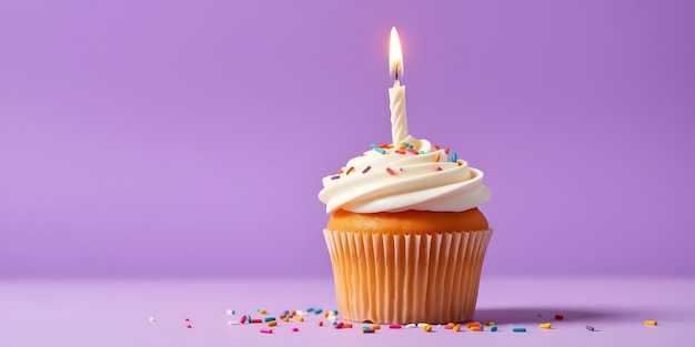 birthday cupcake single lit candle white frosting colorful sprinkles purple background