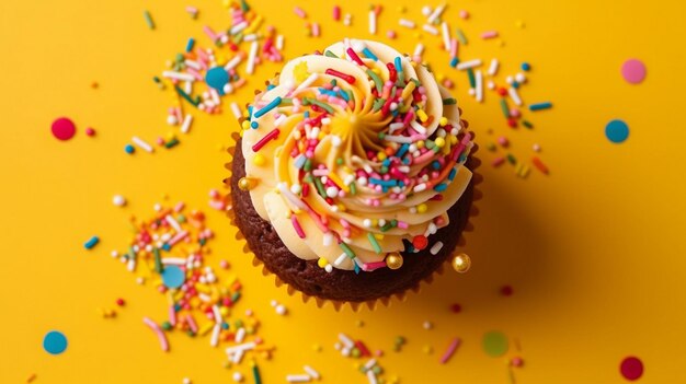 Photo birthday cupcake wih confetti on yellow background