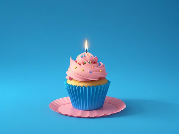 Birthday cupcake with burning candle on blue background
