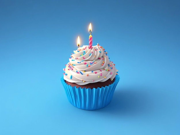 Birthday cupcake with burning candle on blue background