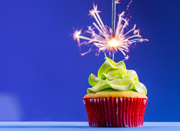 Birthday cupcake with a candle on a blue background with copy space