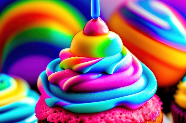 Cupcake di compleanno con candela in primo piano glassa blu con spruzzate di arcobaleno prodotti da forno colorati