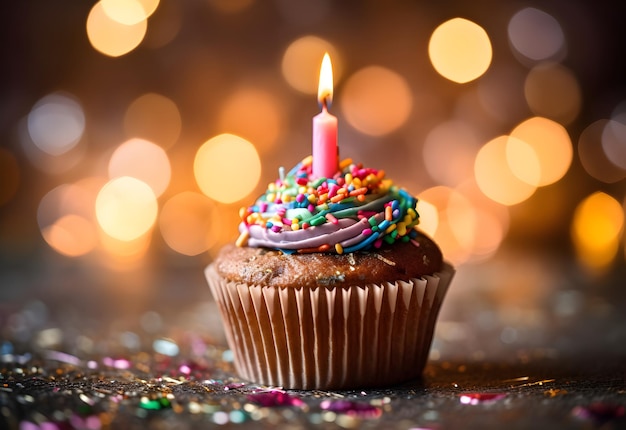Birthday cupcake with a candle colorful cream and festive tinsel decoration on bright background with copy space Generated AI