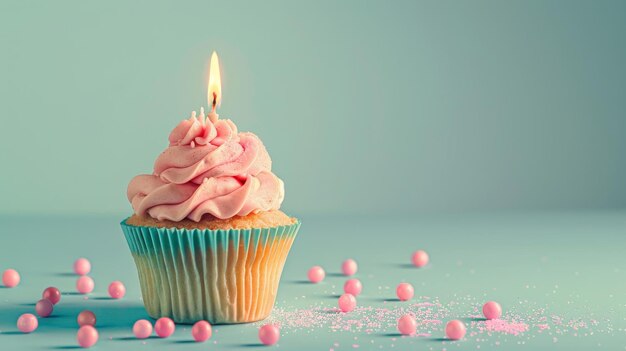 Birthday cupcake with candle on light blue table against blurred blue background Party banner with